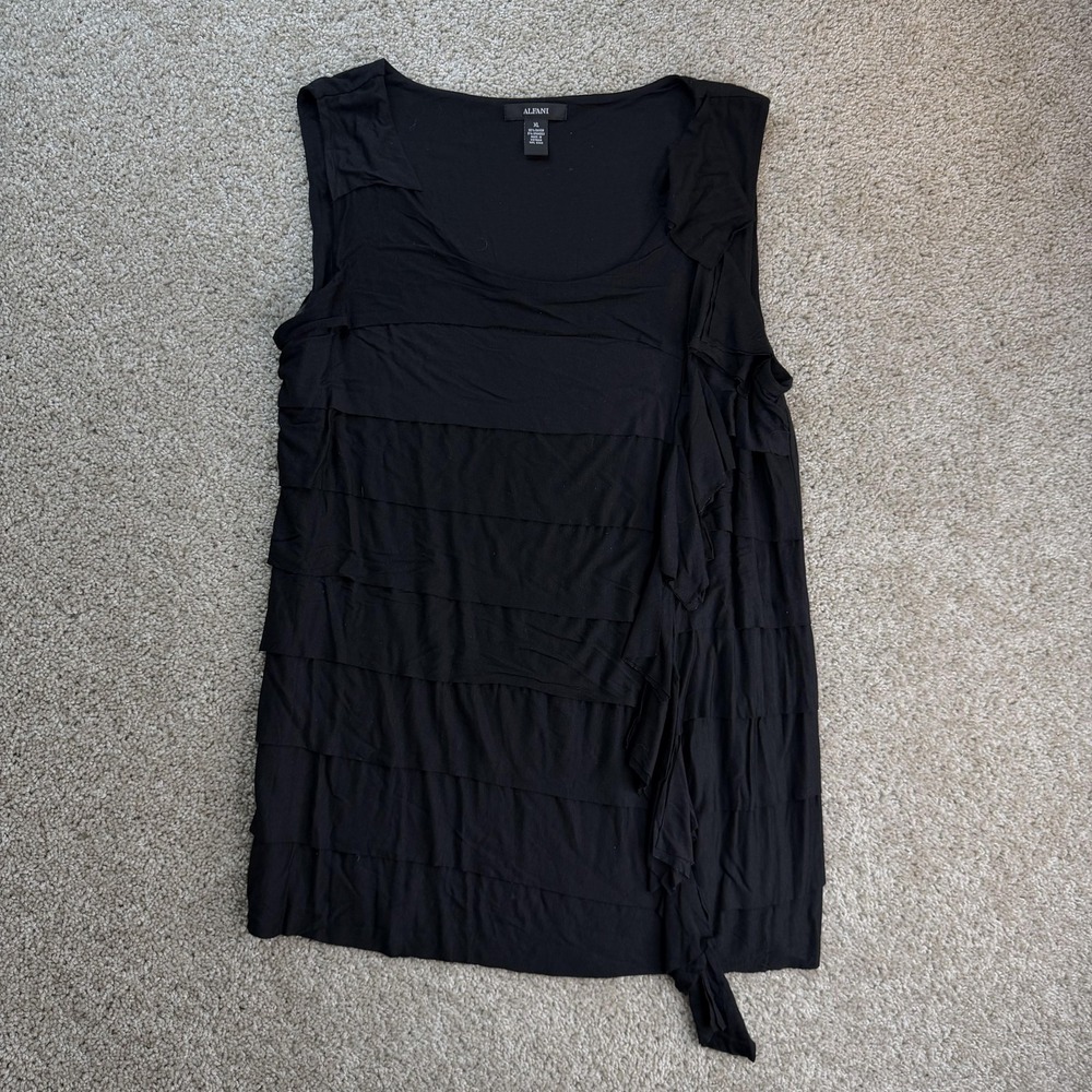 Alfani Tank Top Womens XL Black Tunic Sleeveless Tiered Ruffle Jersey Stretch